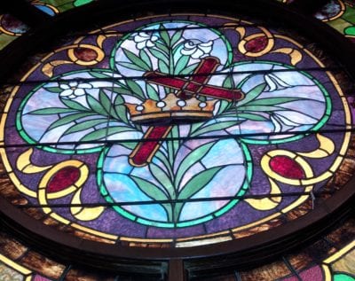 cross and crown church stained glass repair by mccully art glass & restorations lafayette indiana